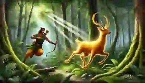 Rama pursuing the golden deer in a dense forest, bow drawn, with sunlight filtering through the trees.