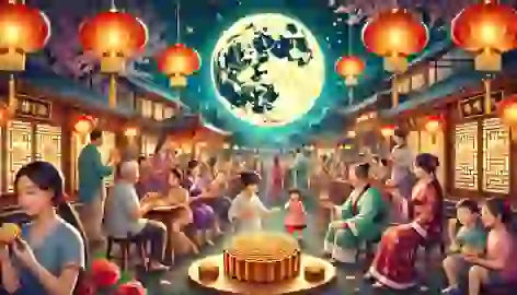 Families celebrate the Mid-Autumn Festival, sharing mooncakes under the full moon, with lanterns and decorations.