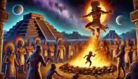 Nanahuatzin leaping into a great fire as Tecuciztecatl hesitates, with the pyramids of Teotihuacan in the background.