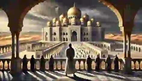 Hassan stands on a marble balcony of his grand desert palace, surrounded by wealth, while envious courtiers plot behind him.