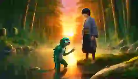 Hiroshi and the Kappa bid farewell at the riverbank, with the sunset