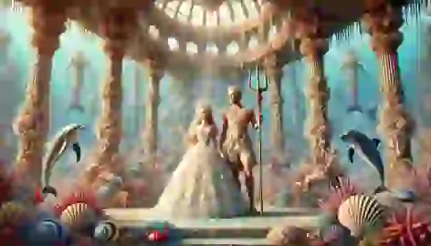 Poseidon and Amphitrite’s grand wedding in an underwater palace filled with marine creatures and coral decorations.