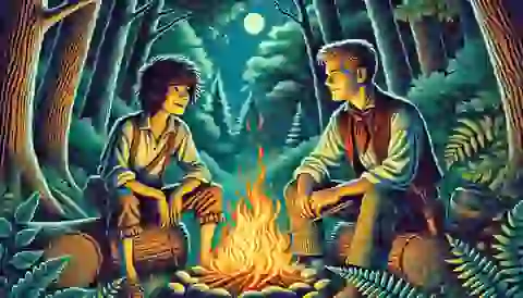 Huck Finn and Tom Sawyer sitting around a campfire at night in the forest.