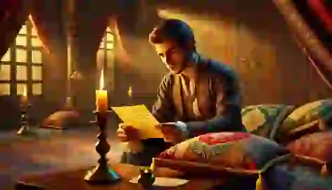  Prince Dara reads a mysterious letter by candlelight in his royal chamber.