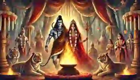 Shiva and Parvati’s grand wedding ceremony with sacred fire, surrounded by gods and animals in a forest setting.