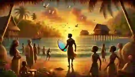 Kai returning to his village at sunset, holding an iridescent scale while villagers gather in admiration.