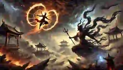 Nezha flies on his Wind Fire Wheels while battling the demon Shiji Niangniang, surrounded by dark magical energy.