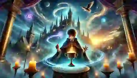 A young wizard casts a spell near a glowing chalice while a grand mystical castle is visible in the background.