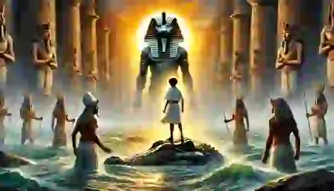  Young Prince Khamose stands bravely before Sobek, who halts the sacrificial ritual, while the Nile’s waters ripple with magic.