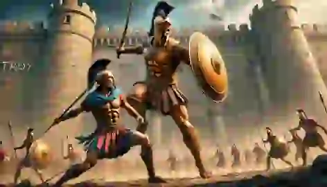 Achilles charges toward Hector outside the walls of Troy, both warriors poised for a final confrontation