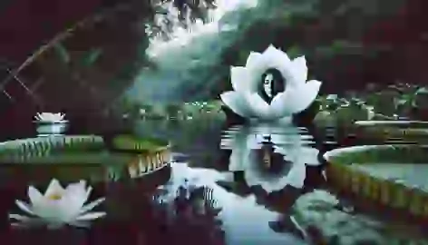 Naiá transforms into a water lily, her body dissolving into petals on the calm river.