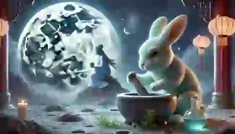 The Jade Rabbit on the moon, working with a mortar and pestle under the watchful eye of Chang