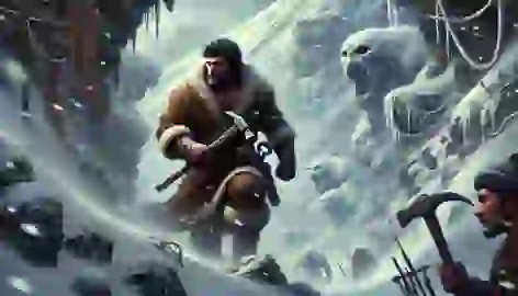 Arash, bundled in fur-lined garments, climbing the snowy slopes of Mount Damavand toward the Ice Gate with creatures lurking.