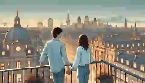  A couple enjoying a view of the city from a rooftop.