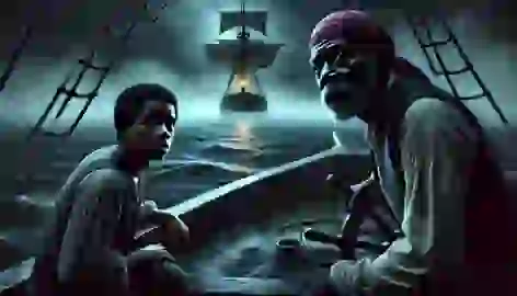 Ezra and Manuel sail through an eerie fog in the Caribbean, guided by a flickering light on the horizon.