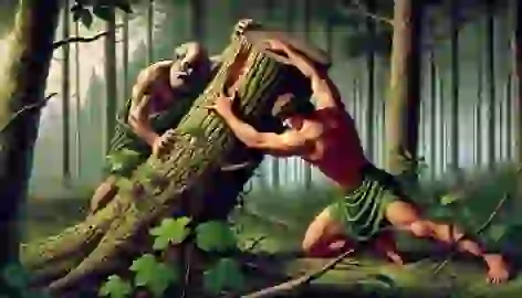 Milo of Croton trapped by a tree in the forest.