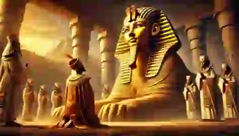 Pharaoh Khafre kneels before the completed Sphinx during its ceremonial unveiling, surrounded by priests in golden light.