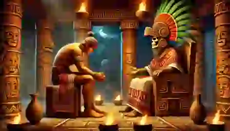 Quetzalcoatl betrayed by Tezcatlipoca, offered a sacred drink in a ceremonial Aztec room lit by flickering torches.