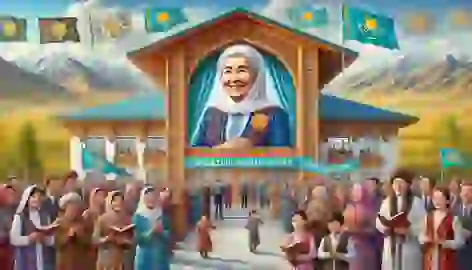 Elder Argezgul inaugurates the Aksoran Cultural Center, surrounded by smiling villagers with the Altai Mountains in the background.