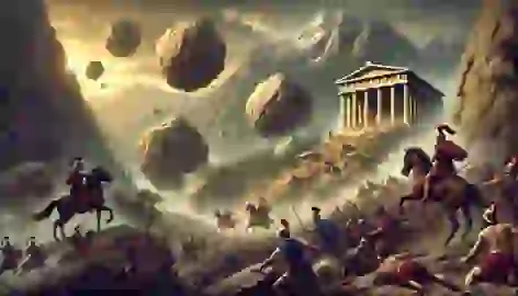 Boulders fall from Mount Parnassus onto Persian invaders as the Temple of Apollo stands protected in the background.