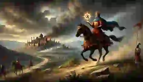 King Yazdegerd III flees on horseback carrying the Ruby Crown through a desolate Persian countryside.