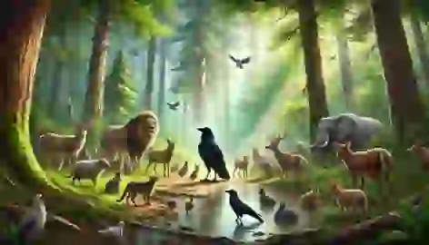 Animals gather in a lush forest, surrounding the crow as sunlight filters through the trees, symbolizing unity and relief.