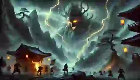 The Mountain Spirit confronts the warlord amidst a storm, glowing with power and protecting the sacred grove.