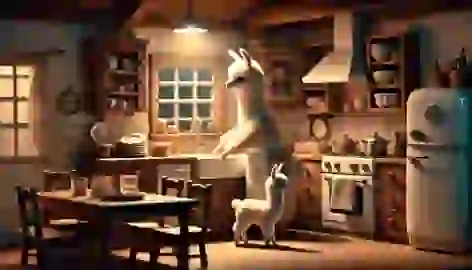 Mama Llama tidies up in the kitchen, surrounded by warm, soft lighting and a cozy ambiance.