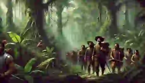 Gonzalo Jiménez de Quesada and his men arriving exhausted in the dense Colombian jungle.