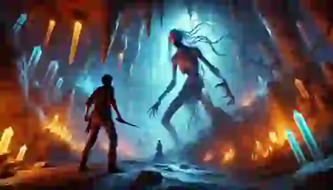 Mateo confronts the Tunda in a glowing cavern, holding his knife with determination.