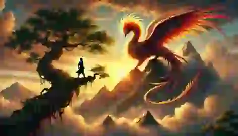 Arash encountering the Simorgh at the summit of Mount Qaf, bathed in warm golden light.