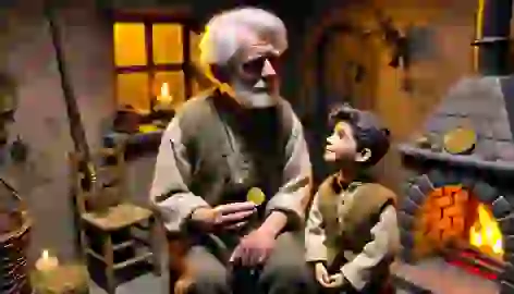 An elderly Seamus sitting by the hearth, holding a golden coin, with Fergal standing beside him.