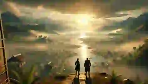 Lituche and Kuyén stand overlooking their peaceful village, bathed in the golden light of a sunrise after the battle.