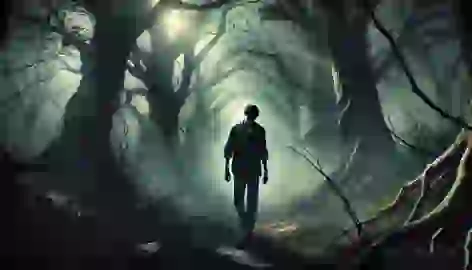 Fletcher walking through a dark, misty forest with thick trees and a tense expression on his face.