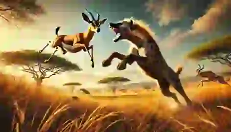 Jabari the hyena lunges at Kito the gazelle, who leaps away just in time to avoid his snapping jaws on the savanna.