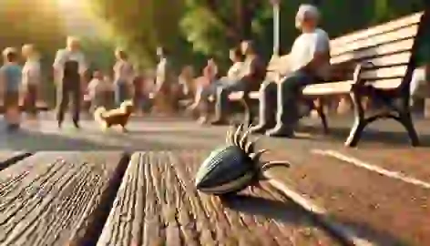 The Bad Seed sits under a park bench, watching people and pets in the lively park around him.