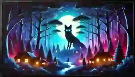 A lone fox with glowing eyes watches the village from the moonlit forest, exuding a mysterious and protective presence.