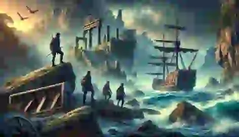 "Captain Elara and her crew cautiously disembark onto the misty, rocky shore of the mysterious island of Kranos."