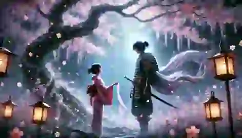 A young girl and a samurai meet under a glowing cherry blossom tree, holding a silk ribbon.