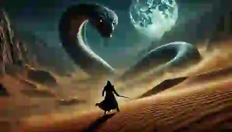 Bahram faces a massive serpent emerging from the desert sands under the eerie glow of the moon.