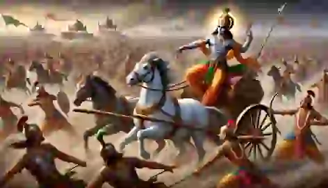 Arjuna fights in the battle of Kurukshetra with detachment, while Krishna guides his chariot through the chaos of war.