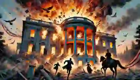 The Washington estate crumbles in a fiery explosion, with John, Kismine, and Jasmine running to escape the destruction.