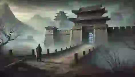 A lone Shu soldier stands at a desolate fortress after Zhuge Liang