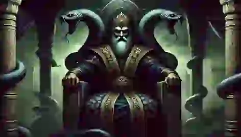 Tyrant Zahhak with serpents on his shoulders, seated on a dark throne in a Persian palace.