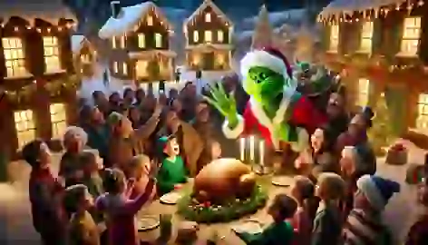 The Grinch returns to Whoville, carving the roast beast while surrounded by joyful, forgiving Whos.