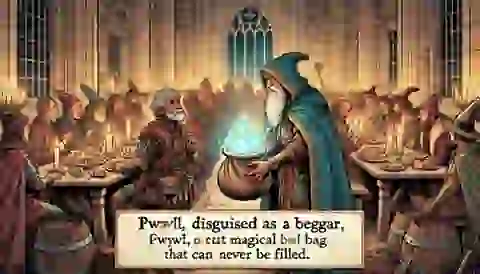 Pwyll, disguised as a beggar, outwits Gwawl with a magical bag in a grand hall filled with food and feasting guests.