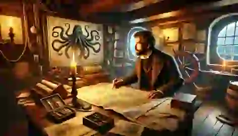 A 17th-century scientist studying maps and charts in a dimly lit cabin aboard a ship