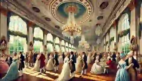  Elegant ballroom with dancers in Regency-era attire, showcasing the lively social event.