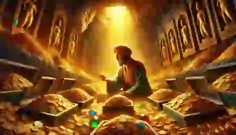 Reza gazes at golden coins and jewels in a rocky treasure chamber, selecting only a portion.