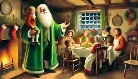 The Ghost of Christmas Present visits the Cratchits during their modest Christmas dinner